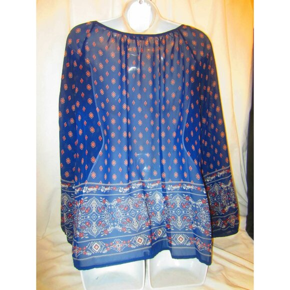 BLU PEPPER navy geometric peasant bead sheer blouse top WOMEN M - Picture 5 of 7